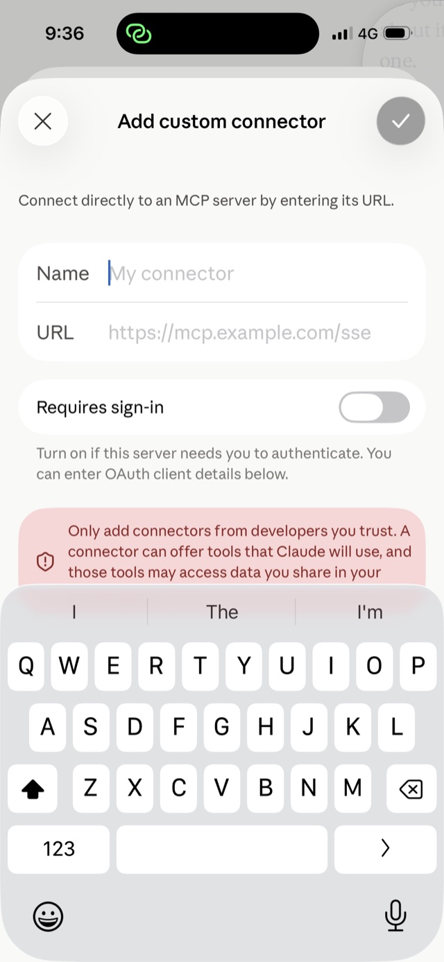 The custom connector form in Claude with a name and address filled in