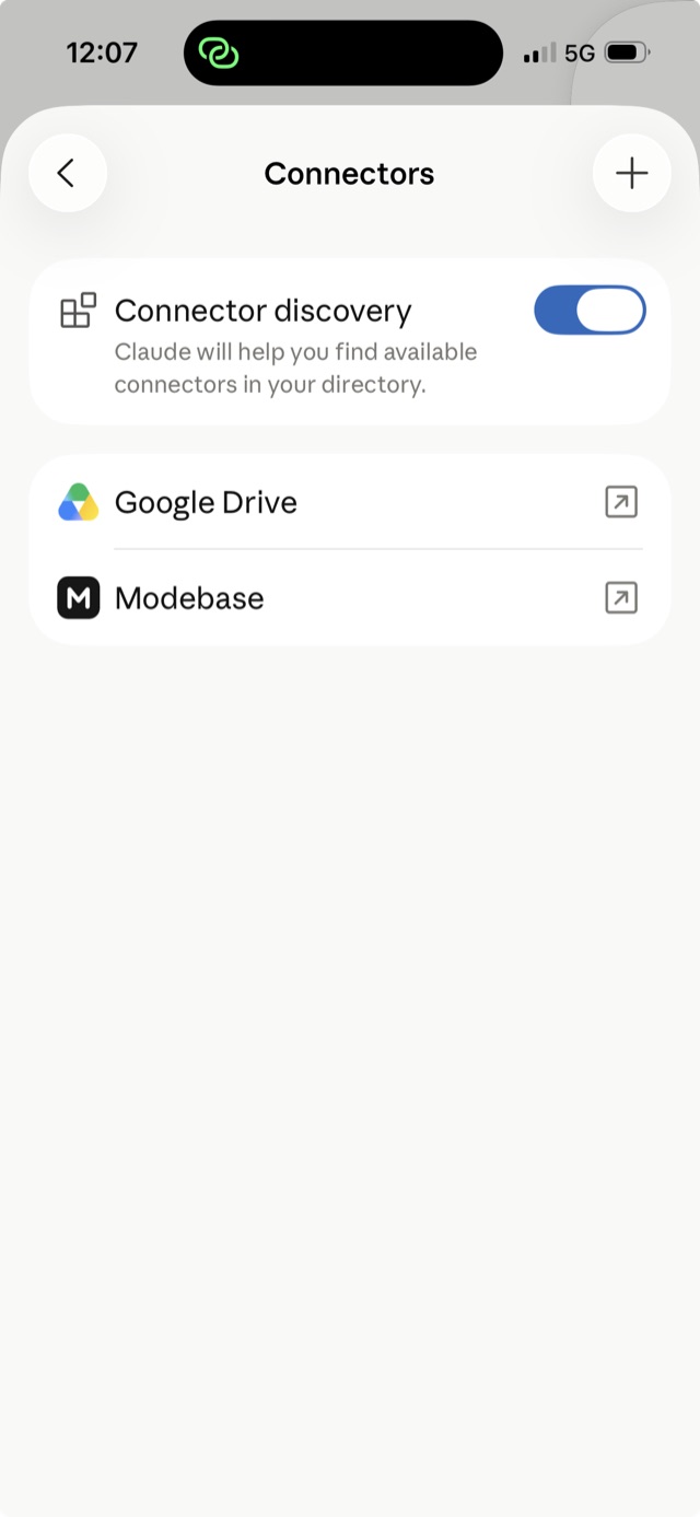 The Modebase connector listed on the Claude Connectors screen