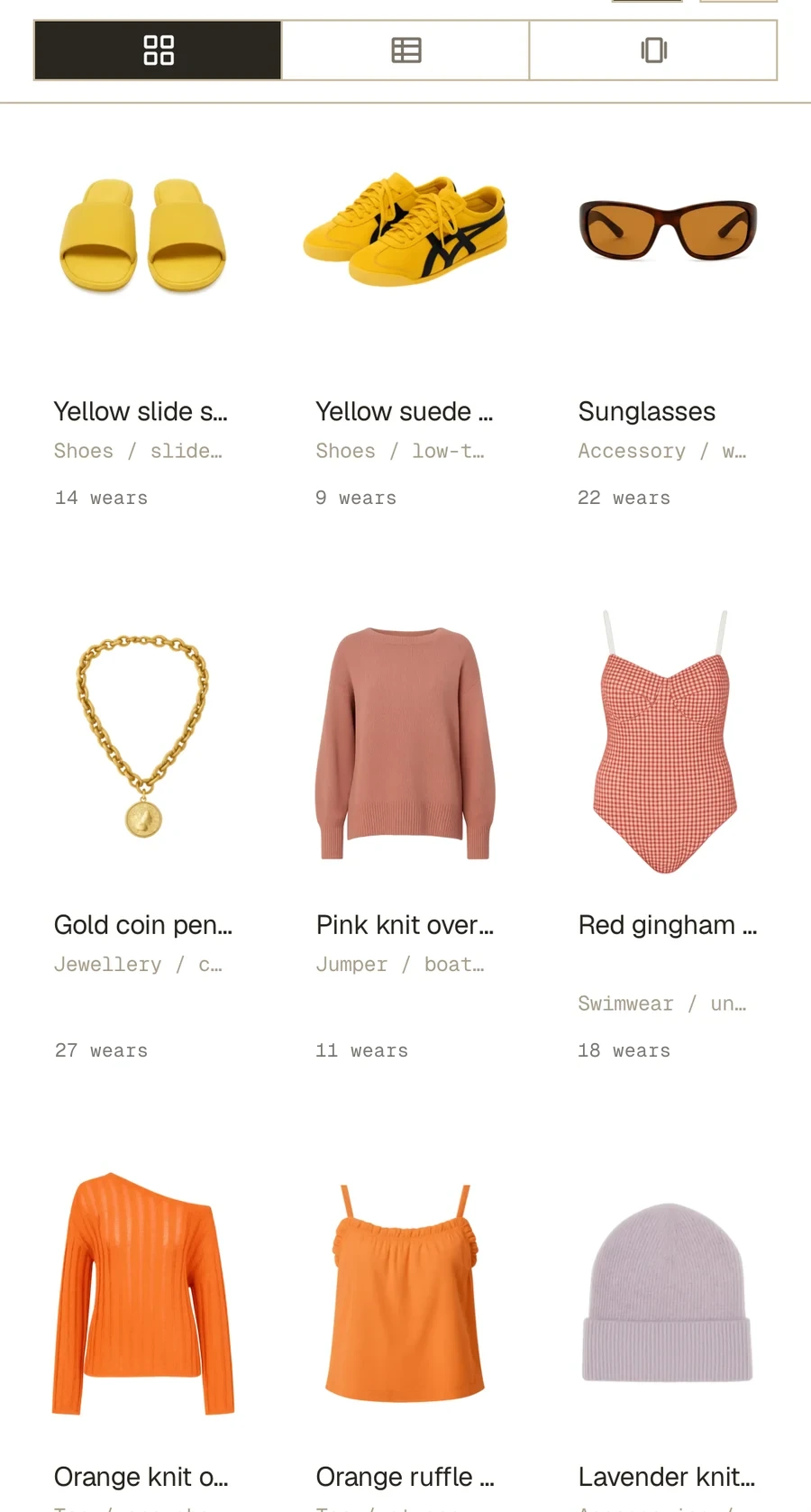 A Modebase catalogue of real wardrobe pieces laid out in a grid