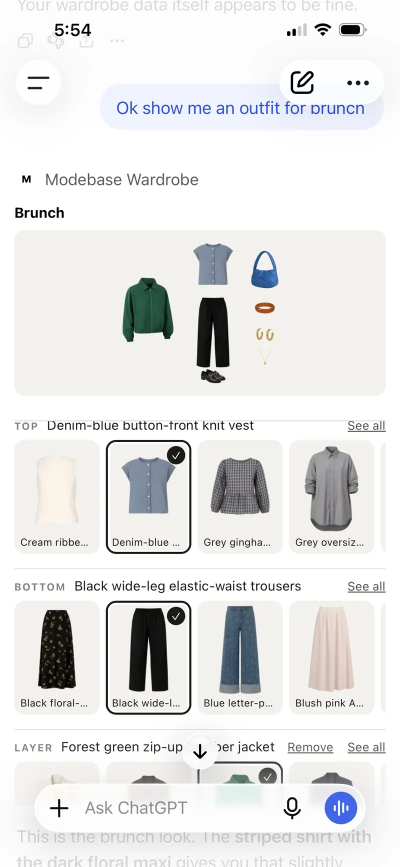 A phone screenshot of ChatGPT showing a brunch outfit built from real pieces, with rows of alternative tops, bottoms and layers to tap and swap