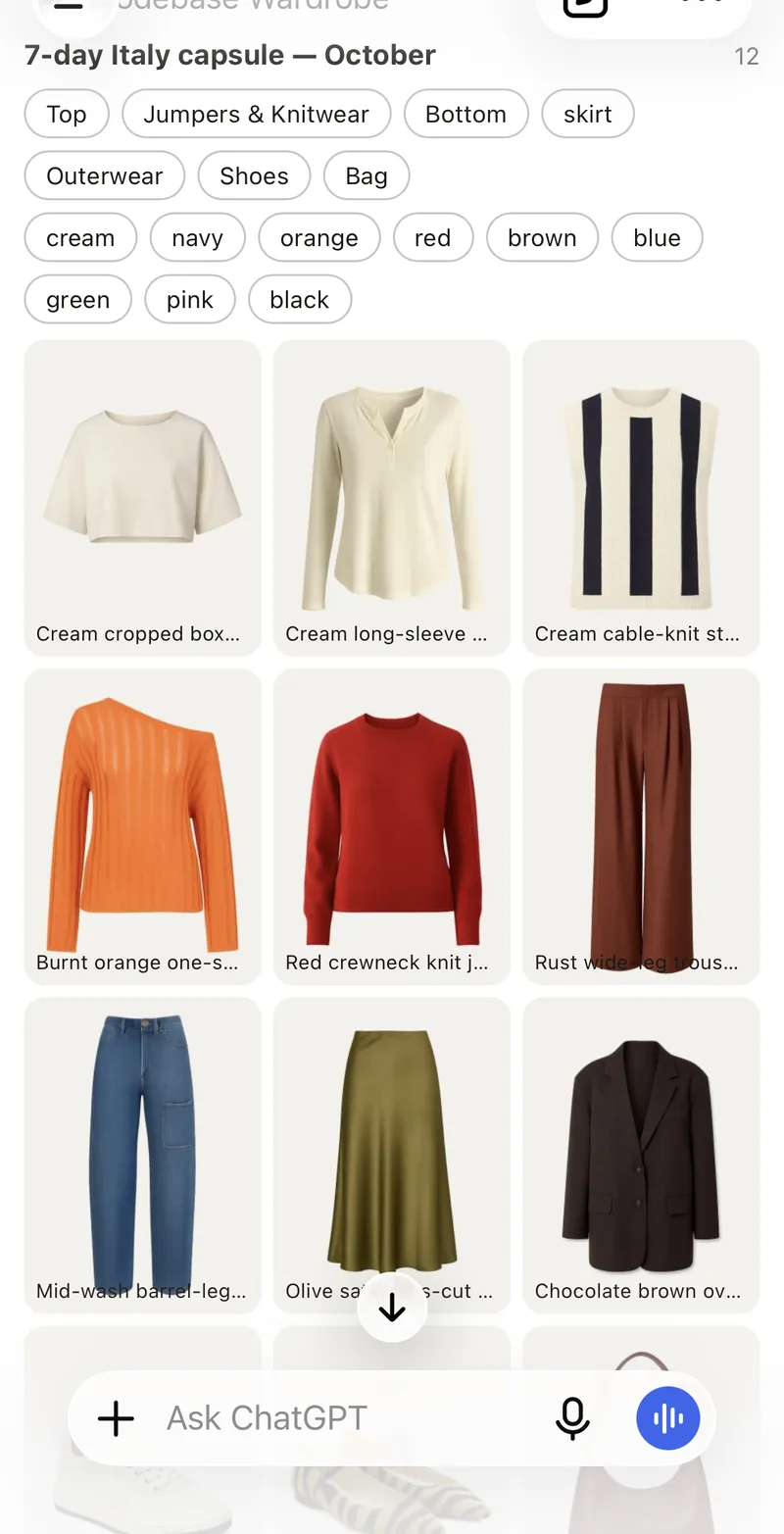 A ChatGPT chat showing a capsule wardrobe laid out as a grid of the user's own pieces