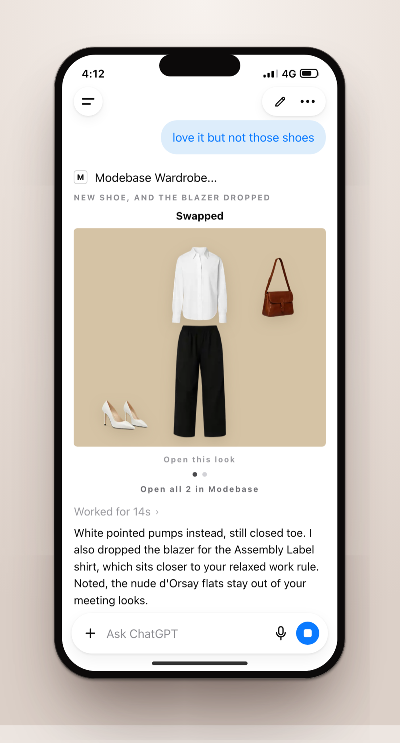 A phone screenshot of ChatGPT refining a work outfit after 'love it but not those shoes': a white shirt, black wide-leg trousers, white pointed pumps and a tan shoulder bag, with a note explaining the swap