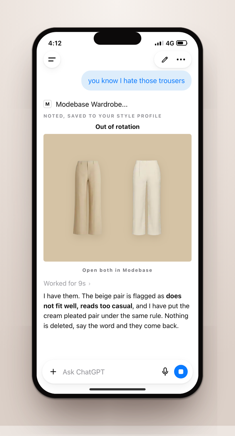 A phone screenshot of ChatGPT reading a real wardrobe: the user says they hate a pair of trousers, and the Modebase Wardrobe card replies that it has noted it and saved it to the style profile, showing the trousers marked out of rotation