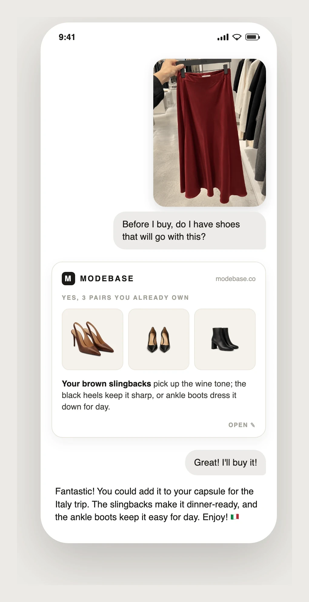 A phone showing a ChatGPT chat asking, before buying a wine-red skirt, whether there are shoes to go with it, answered by Modebase with three pairs the person already owns, brown slingbacks, black heels and ankle boots, so they go ahead and buy it
