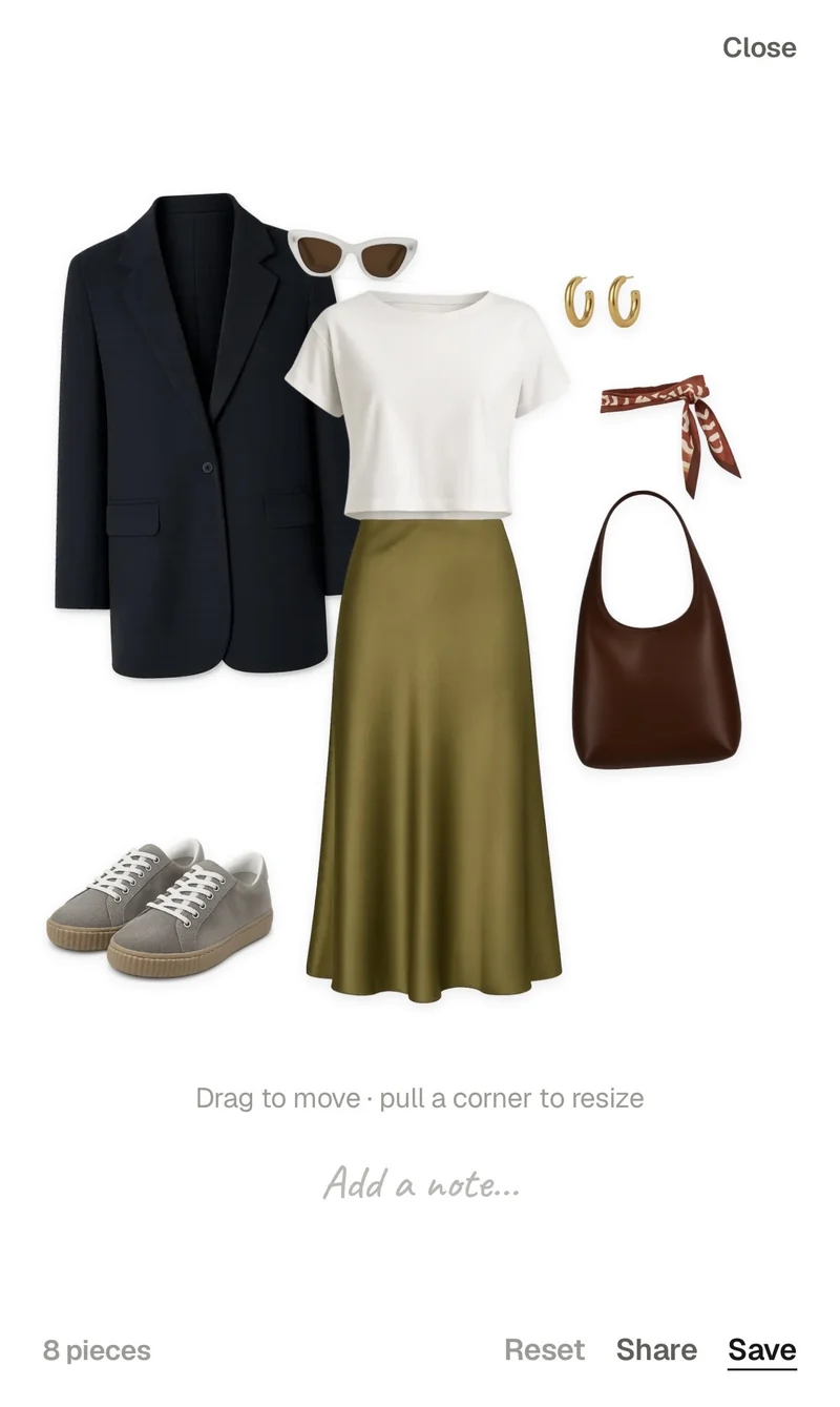 The Modebase styling canvas: a navy blazer, white tee, olive satin skirt, grey sneakers, sunglasses, gold hoops, a silk scarf and a brown bag laid out as a flat lay, with controls to drag pieces to move, resize, add a note, reset, share or save