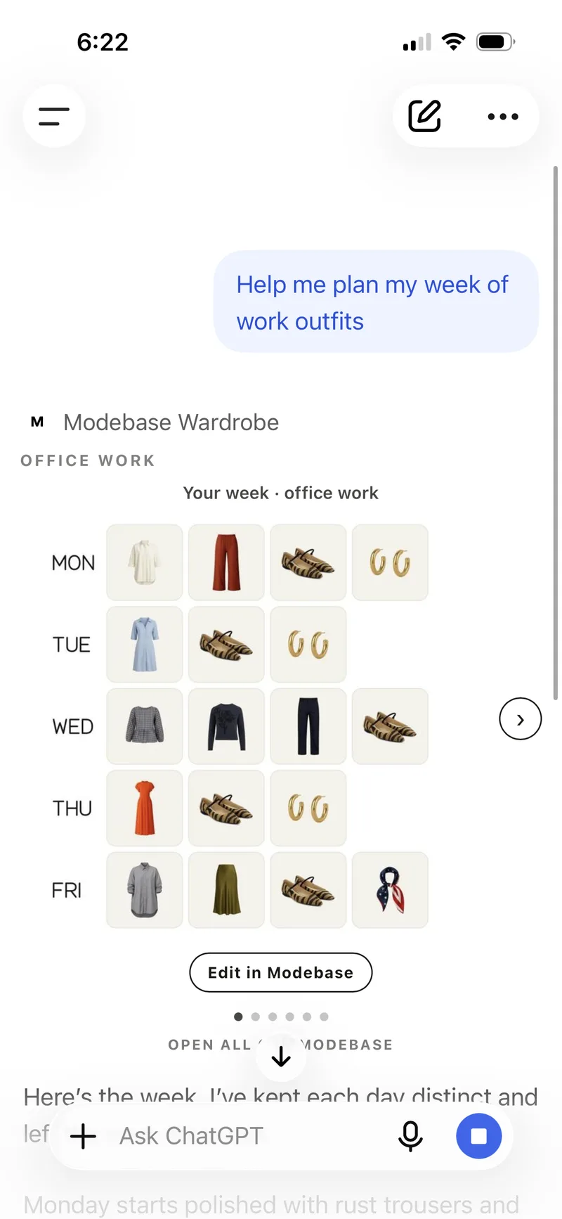 A ChatGPT chat showing a week of outfits planned from the user's own clothes