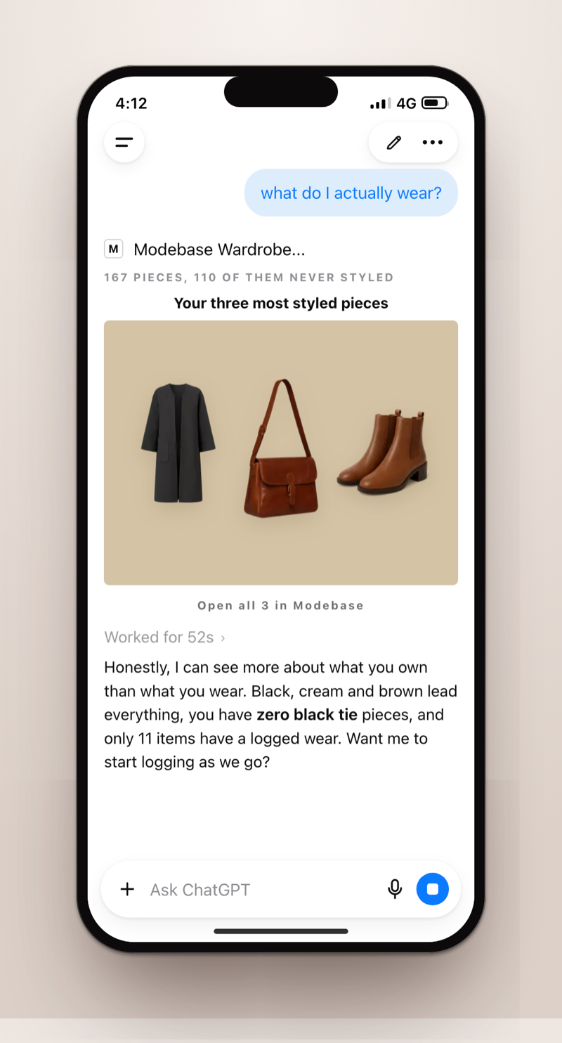 A phone screenshot of ChatGPT answering 'what do I actually wear?' with a Modebase Wardrobe card showing the three most-worn pieces, a black coat, a tan shoulder bag and brown boots, and a note offering to start logging wears