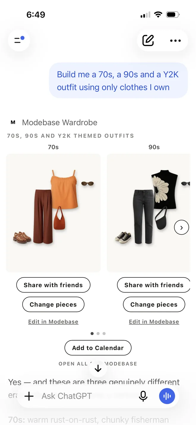 A ChatGPT chat asking for a 70s, a 90s and a Y2K outfit using only clothes owned, with the 70s look in view: an orange camisole, rust wide leg trousers, a rust bag, tinted sunglasses and chunky brown sandals, next to the start of the 90s look