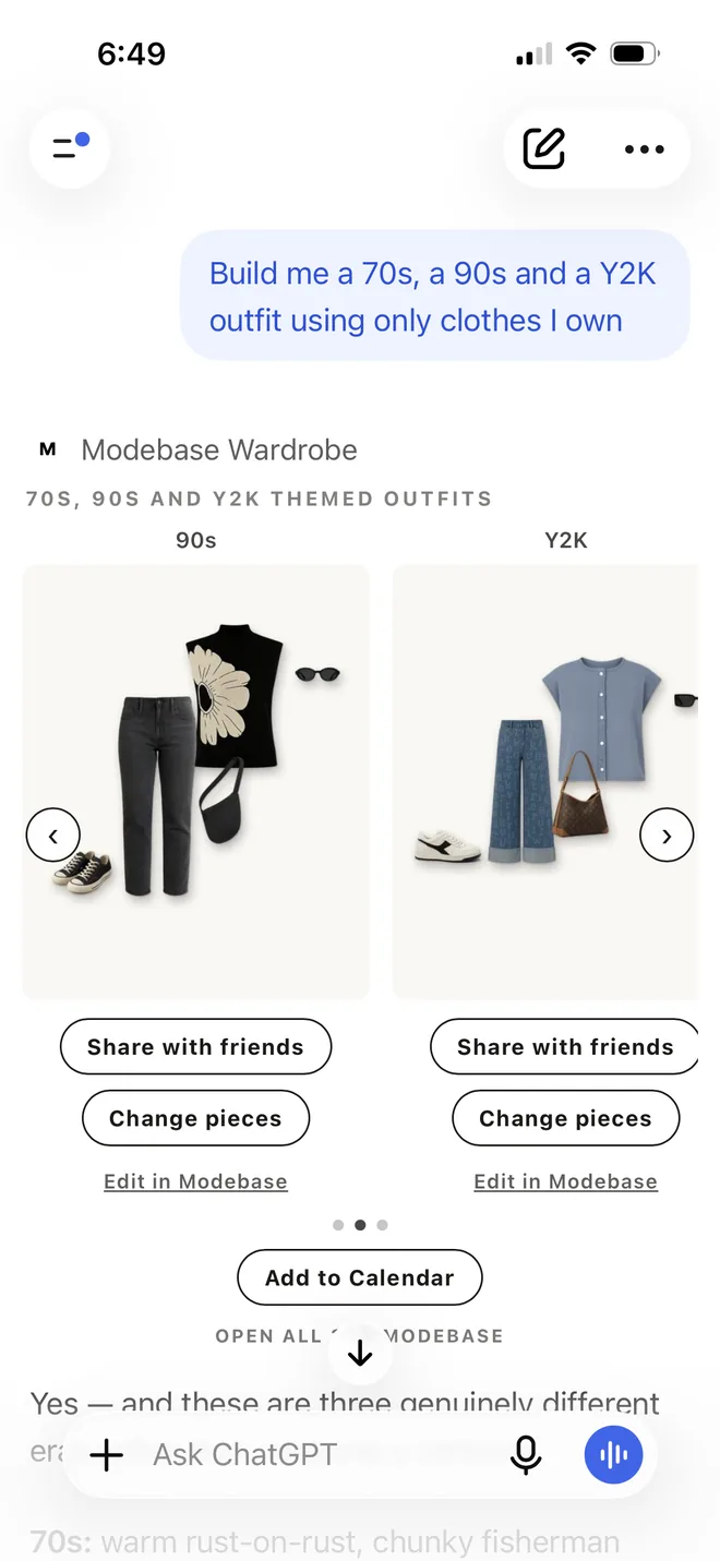 The same chat swiped to the 90s and Y2K looks: a black top with a cream flower, straight dark jeans, a small black bag and canvas sneakers for the 90s, and a blue cap sleeve top, printed denim, a brown bag and white sneakers for Y2K