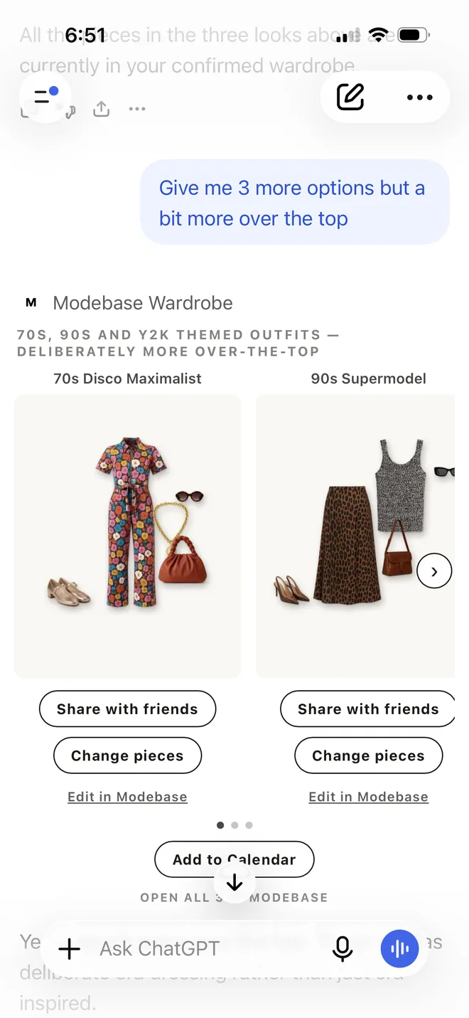 A ChatGPT chat asking for three more options but a bit more over the top, showing a 70s Disco Maximalist look: a floral short sleeve jumpsuit, round sunglasses, a gold chain, a rust bag and metallic flats
