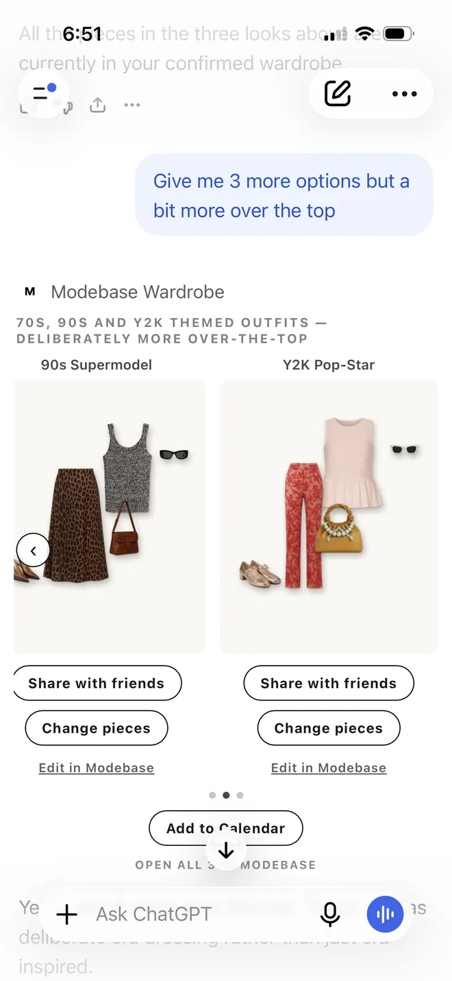 The bolder looks swiped across: a 90s Supermodel look with a leopard print skirt, a speckled knit tank, sunglasses and a brown bag, and a Y2K Pop-Star look with red patterned trousers, a pale pink top, a beaded bag and metallic flats