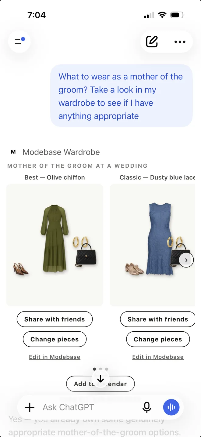 ChatGPT answering a mother of the groom question with outfits from a wardrobe, an olive chiffon dress and a dusty blue lace dress, each with shoes, a bag and gold hoops