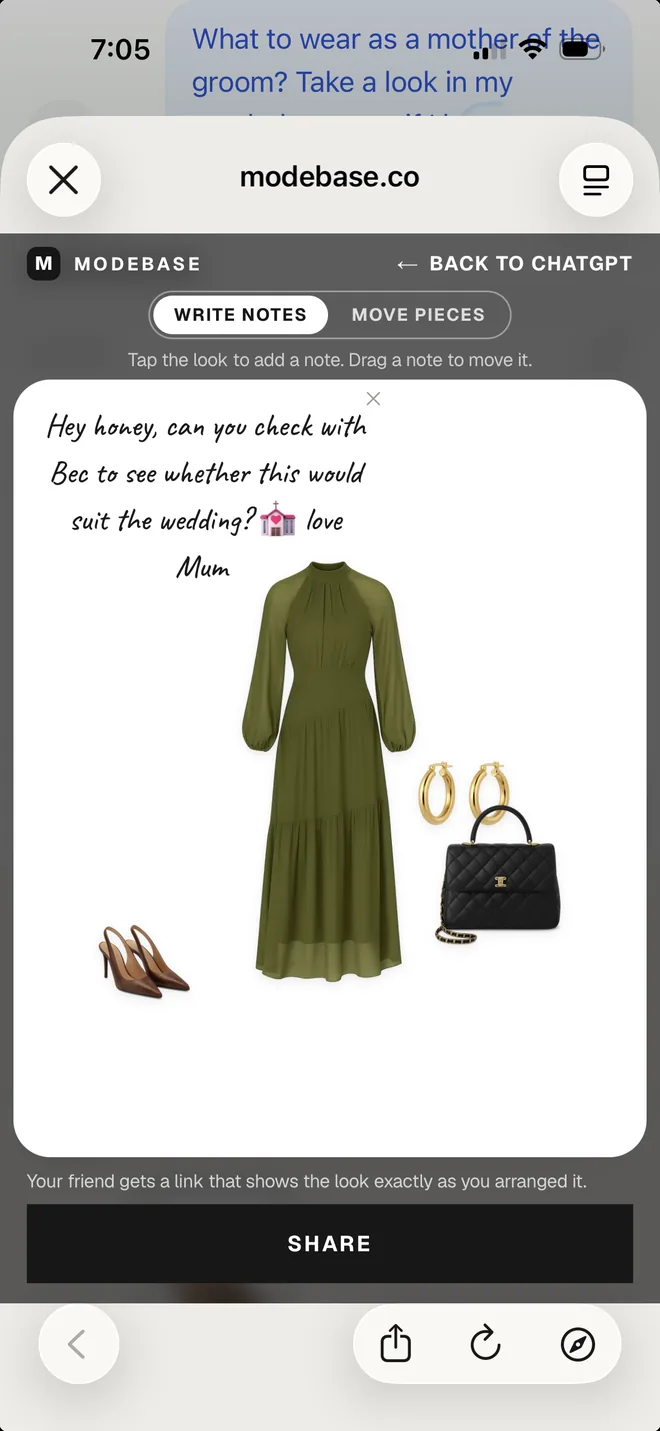 A shareable olive chiffon look with a handwritten note asking a friend to check with the bride whether it suits the wedding, shown with slingback heels, gold hoops and a black quilted bag
