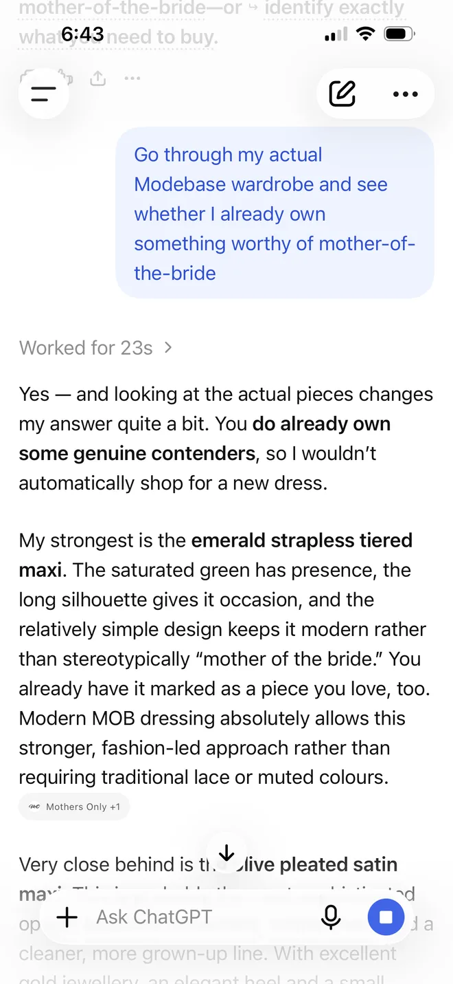 A ChatGPT chat where the question is whether the wardrobe already holds something worthy of mother of the bride, and the answer names an emerald strapless tiered maxi as the strongest option