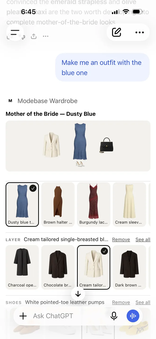 The outfit builder showing a dusty blue dress with a cream blazer, white pointed pumps and a black handbag, with rows of other dresses, layers and shoes to swap in