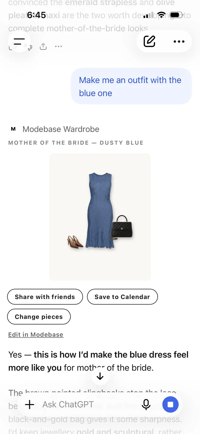 A dusty blue lace dress styled with brown pointed slingback heels and a black quilted handbag, with buttons to share, save to calendar and change pieces