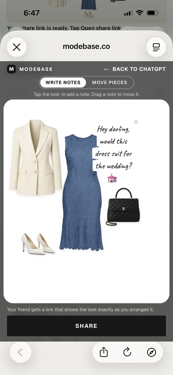 A shareable look showing a cream blazer, dusty blue dress, white heels and black bag, with a handwritten note asking whether the dress would suit for the wedding