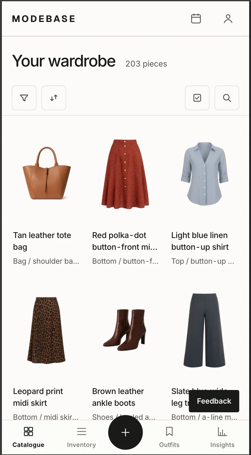 The Modebase catalogue on a phone, showing a grid of clothes with their cut-out photos