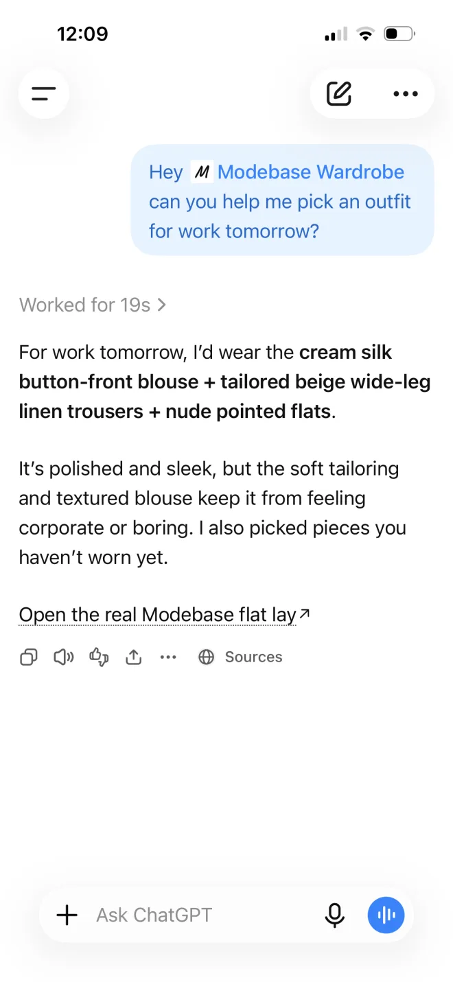 A ChatGPT chat where the question is what to wear to work tomorrow and the answer names a cream silk blouse, beige wide-leg linen trousers and nude pointed flats