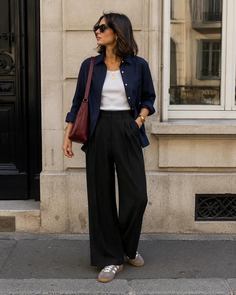 The same outfit worn on the street: navy shirt over a white tank with black wide-leg trousers and cream sneakers