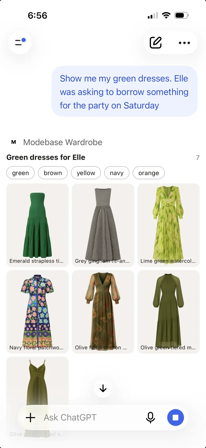 A ChatGPT chat asking to see green dresses because a friend named Elle wants to borrow something for a party on Saturday, showing a grid of green dresses from the wardrobe including an emerald strapless tiered dress, a grey gingham fit and flare dress, a lime green watercolour dress and several olive dresses