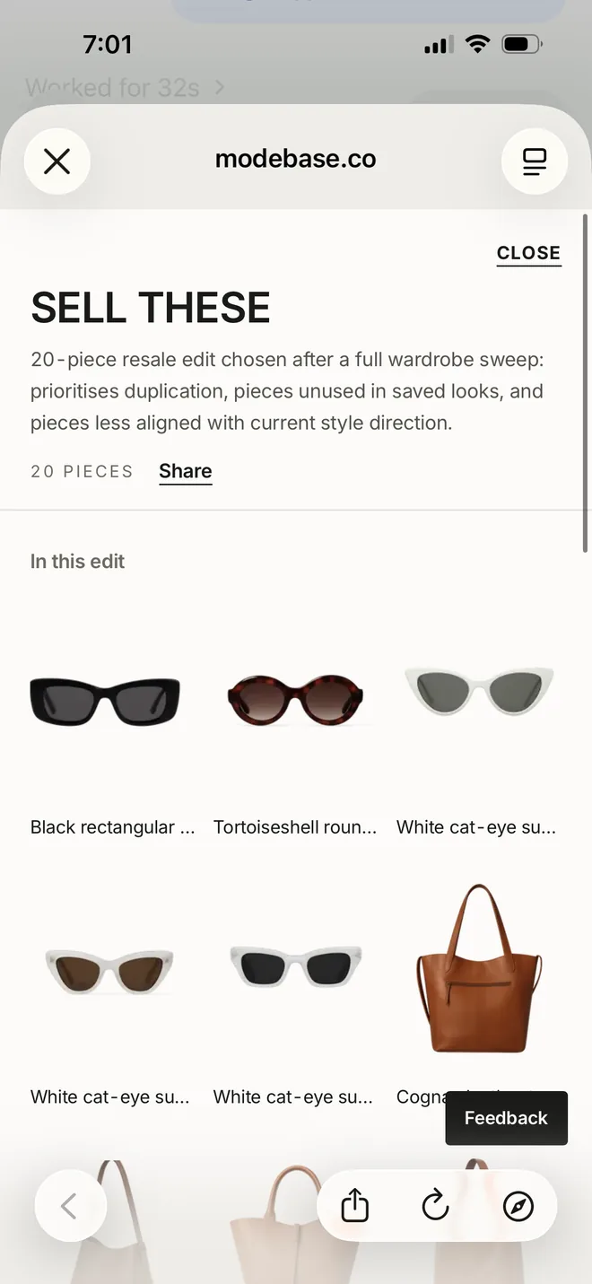 The SELL THESE edit in Modebase, a 20 piece resale edit including sunglasses and tan bags