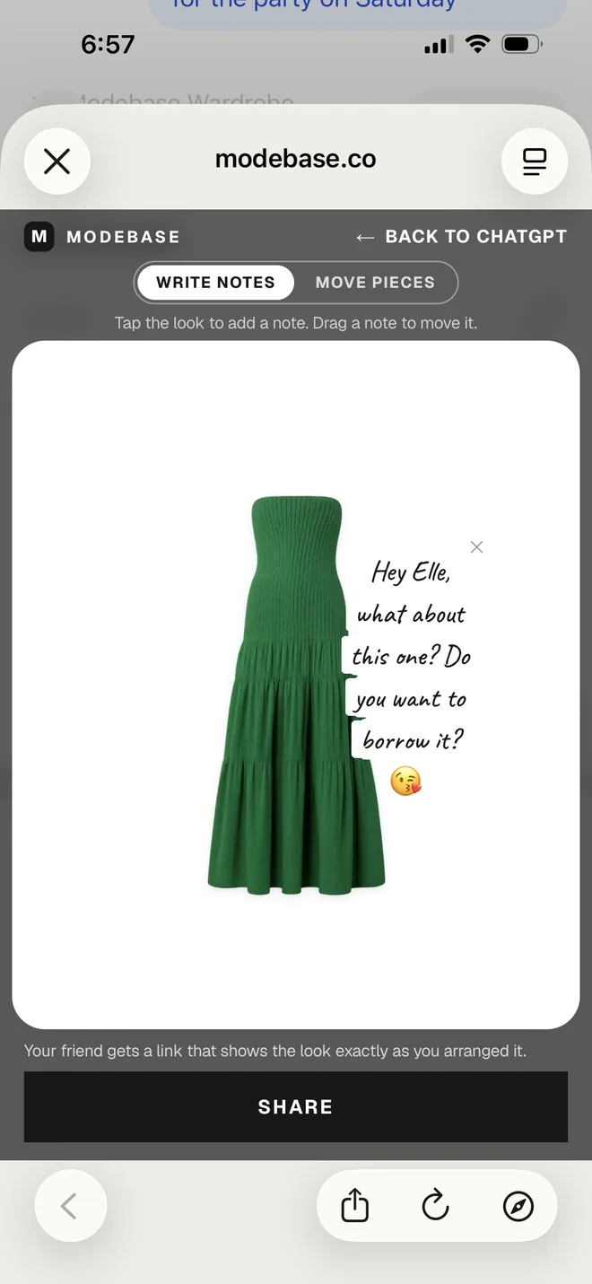 A shareable look showing a green strapless tiered dress with a handwritten note that reads Hey Elle, what about this one? Do you want to borrow it?
