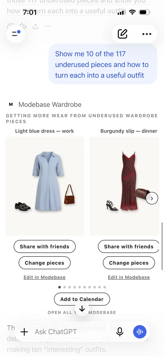 ChatGPT showing underused pieces turned into outfits, including a light blue dress for work with a burgundy slip for dinner