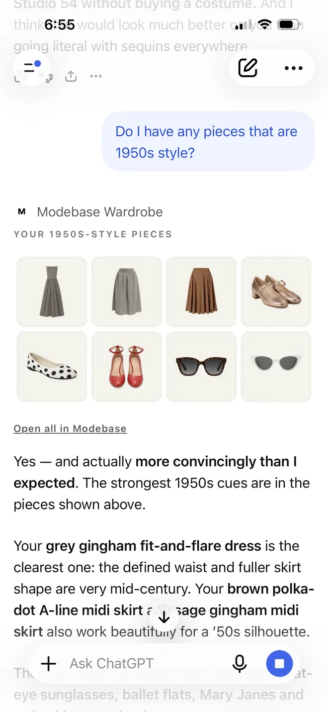 A ChatGPT chat asking which pieces are 1950s style, showing eight pieces from the wardrobe: a grey gingham fit and flare dress, a sage gingham skirt, a brown polka dot A line skirt, rose gold Mary Janes, polka dot ballet flats, red ankle strap heels, tortoiseshell sunglasses and white cat eye sunglasses