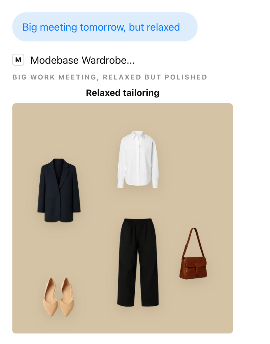An outfit card inside the chat showing a navy blazer, white shirt, black trousers, tan bag and nude flats laid out as a flat lay