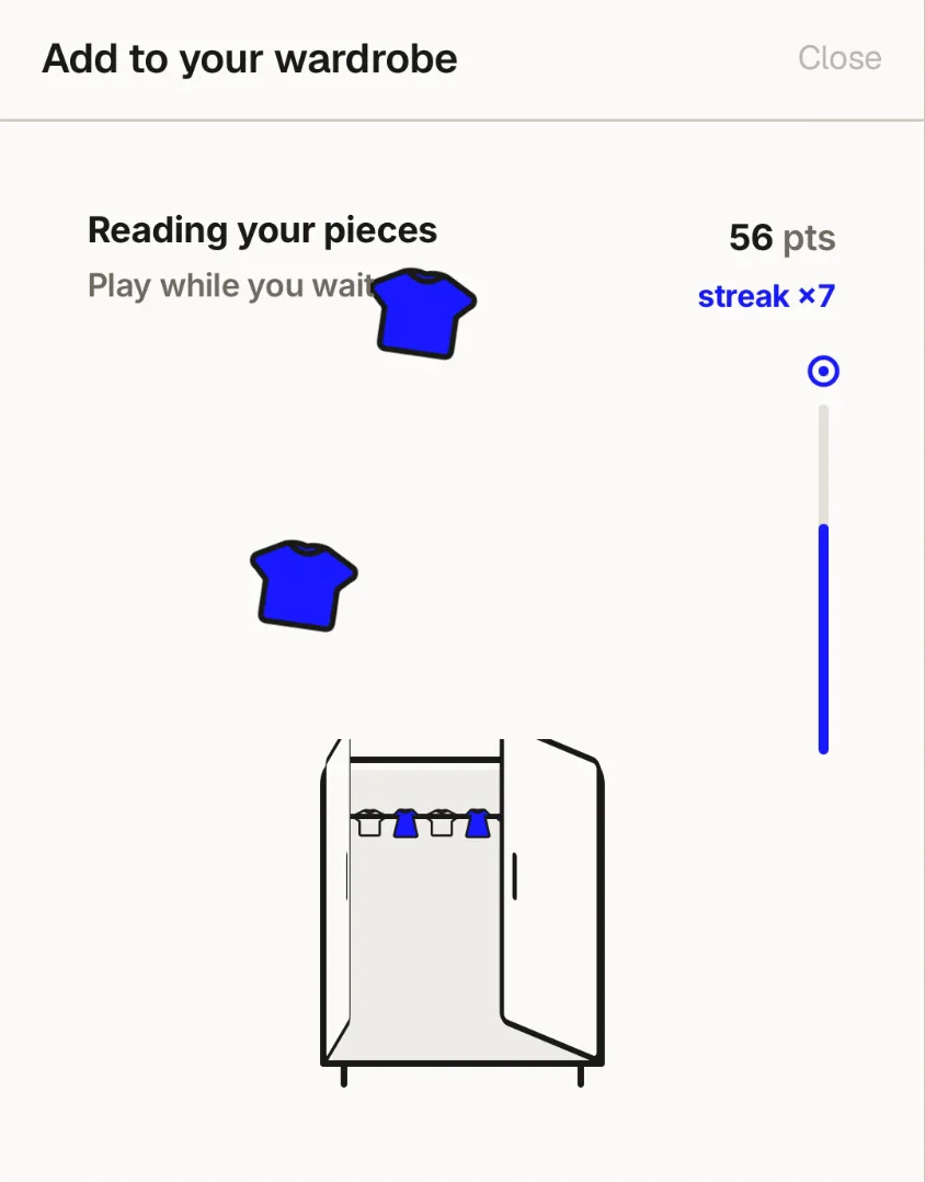 Closet Catch: a Modebase screen reading Reading your pieces, play while you wait, with blue T-shirts falling towards an open wardrobe, a score of 56 points and a streak of seven