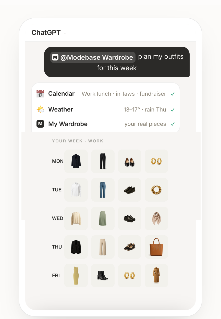 Modebase reading your calendar and the weather in ChatGPT, then planning a week of outfits from your own wardrobe