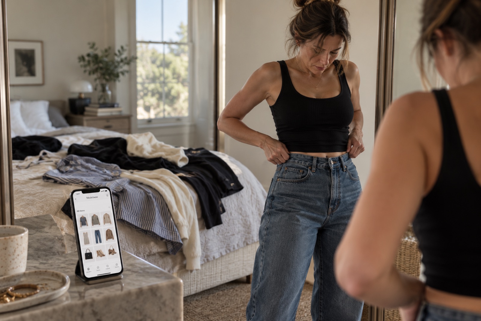 A woman tries on jeans in front of a mirror, her Modebase wardrobe open on a phone propped on the dresser beside her.