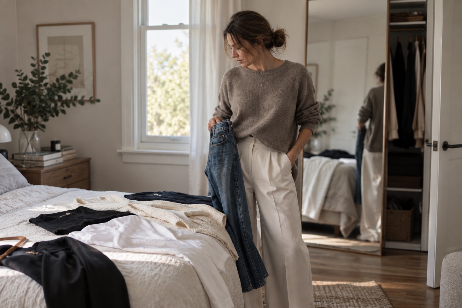 A woman in a soft knit and wide-leg trousers holds a pair of jeans against her body, several outfits laid out on the bed beside her.