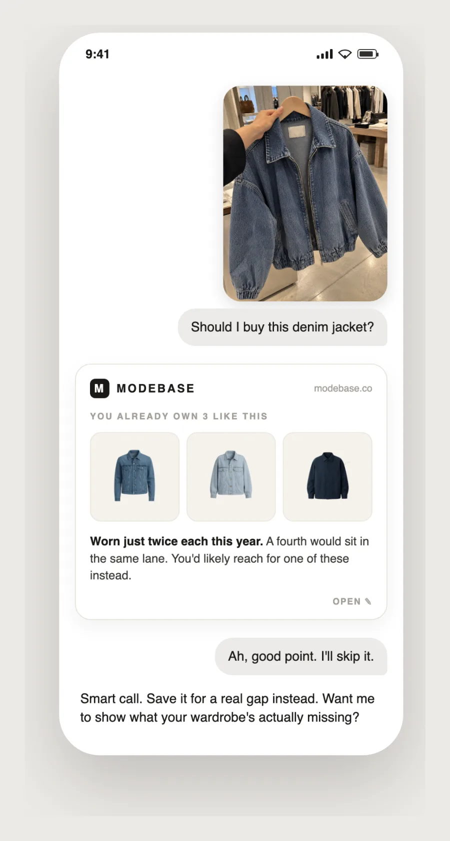 A chat asking Modebase whether to buy a denim jacket, and Modebase replying that you already own three like it