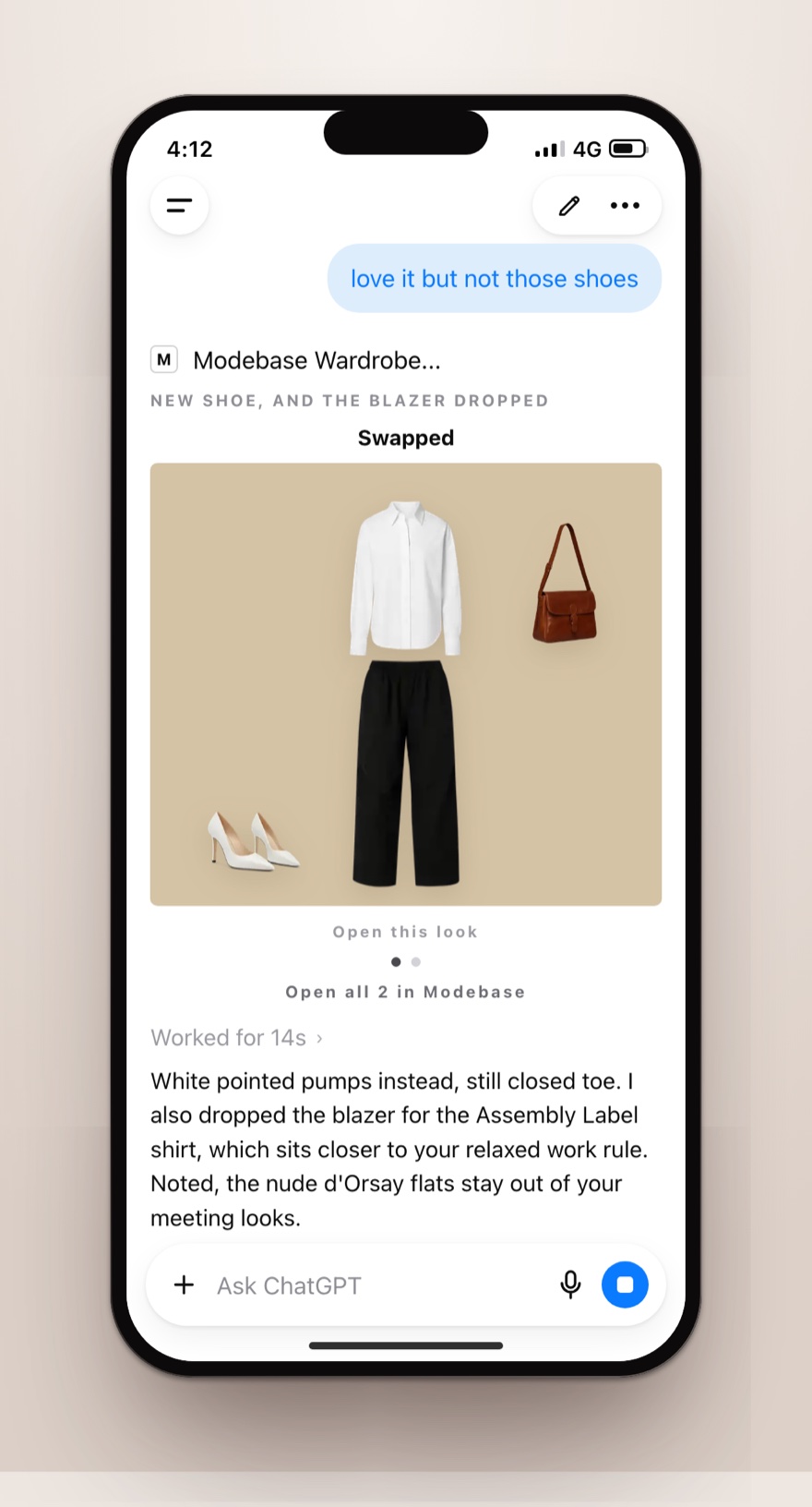 A chat where the reply is an outfit of real pieces, the answer to love it but not those shoes is a swapped shoe and a shirt instead of the blazer