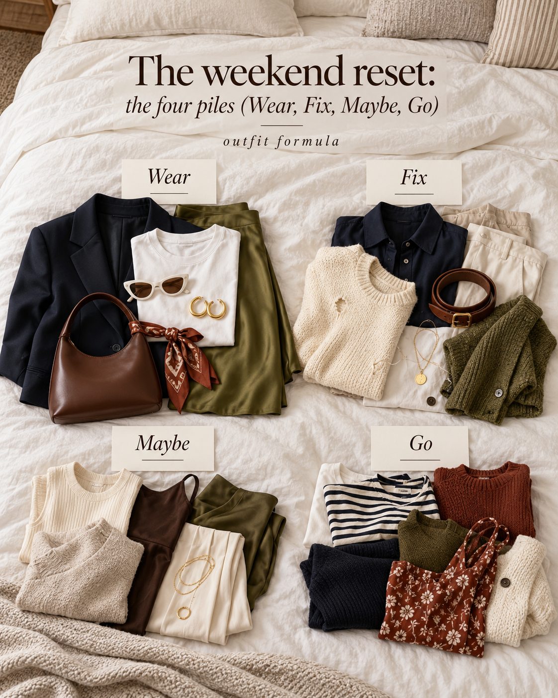 four piles of clothes on a bed labelled Wear, Fix, Maybe and Go