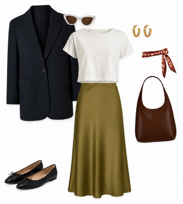 outfit board with black ballet flats, an olive satin skirt, a plain white tee and a navy blazer, with a bag, scarf, earrings and sunglasses
