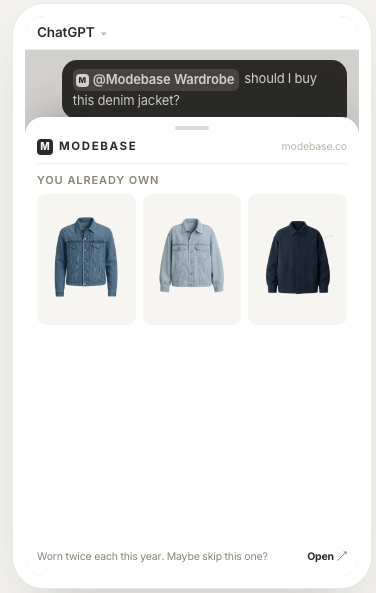 A phone showing ChatGPT asked 'should I buy this denim jacket?', with Modebase answering 'You already own three like it, worn twice each this year' and laying out the three denim jackets already in the wardrobe