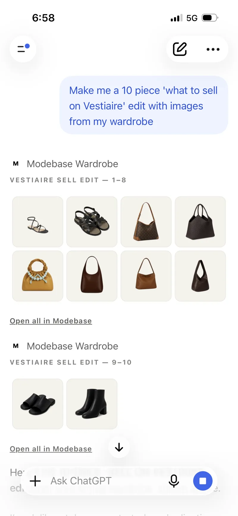 A phone screenshot of ChatGPT showing a ten piece Vestiaire sell edit from a Modebase wardrobe: sandals, a slide, ankle boots and six handbags, each shown as a photo