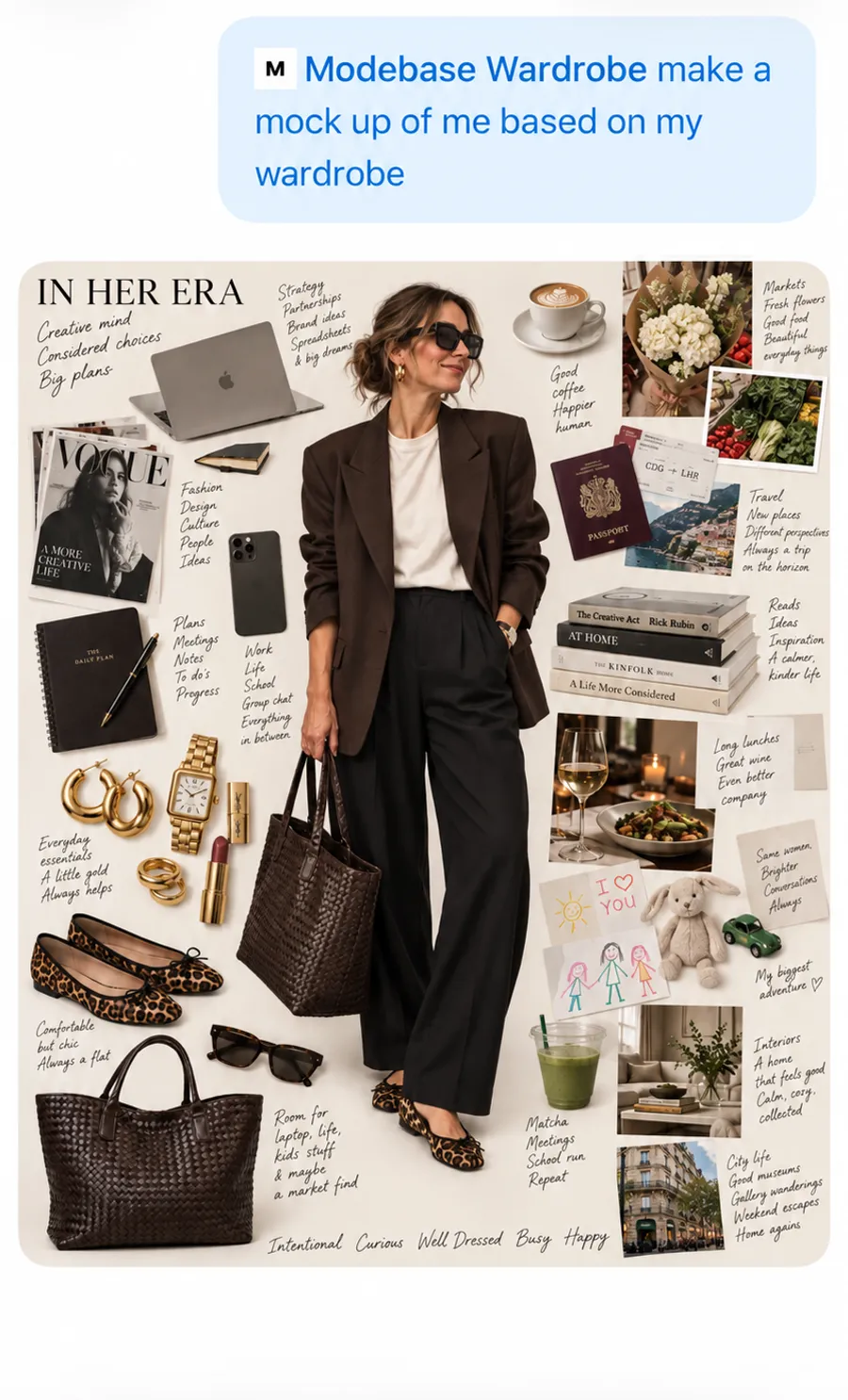 Asking an AI assistant to make a mock-up based on the wardrobe it knows, answered with a collage titled In Her Era: a brown blazer, black trousers and leopard flats surrounded by the notebooks, coffee, books, travel and family the clothes are worn for