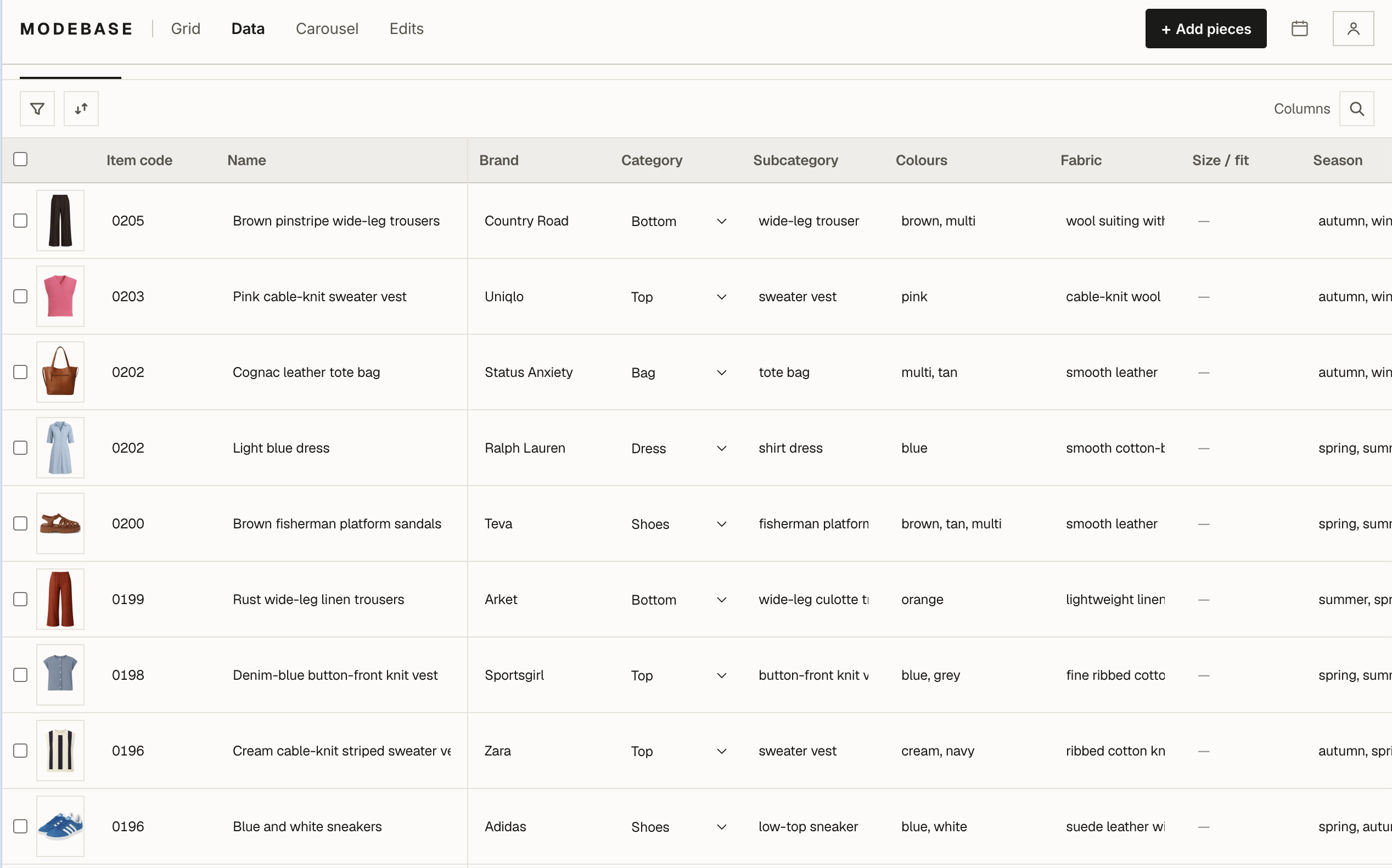 The Modebase data view: a spreadsheet-style table of a real wardrobe, one row per garment with a thumbnail, item code, name, brand, category, subcategory, colours, fabric, size and fit, and season