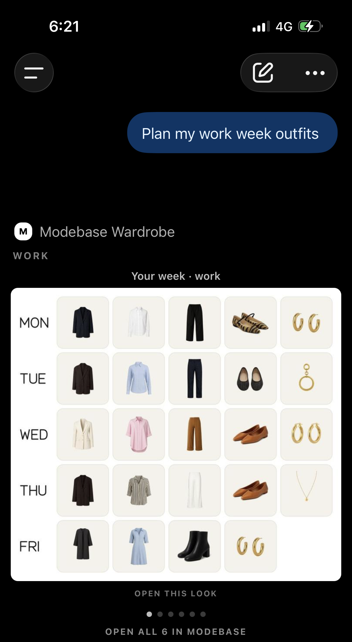 A phone showing ChatGPT answering 'Plan my work week outfits' with a Modebase Wardrobe grid of five day looks, Monday to Friday, each row a real outfit of the person's own pieces — blazers, shirts, trousers, flats and jewellery